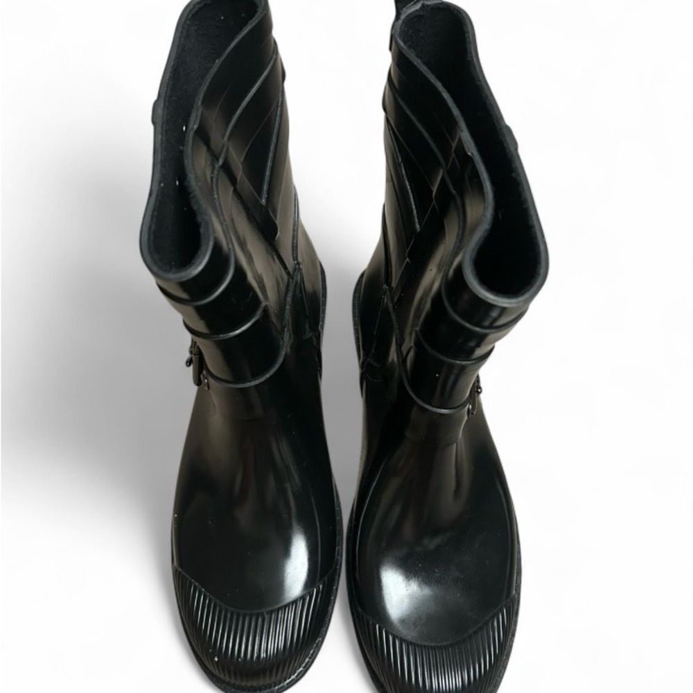 Coach Glossy Black Mid-Calf Rain Boots with Strap Detail